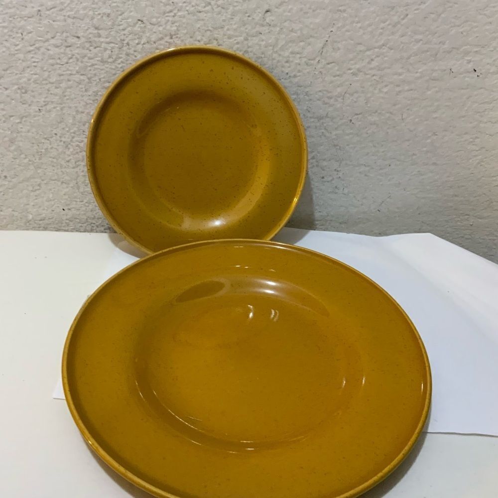 IKEA Mustard Yellow Large 12” Pasta & one salad plate 9” Mint Gold